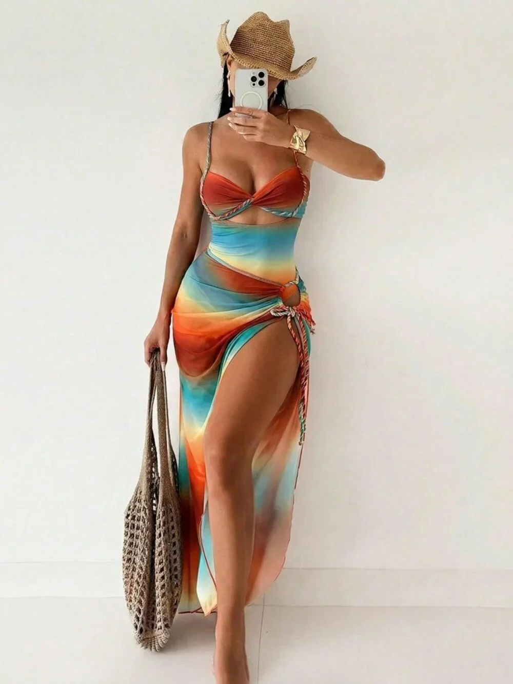 Multicolor Boho Women's Rope Strap one piece swimsuit with matching coverup